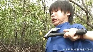 Big Breasted Slut Tugs Him Off In The Woods